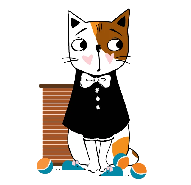 Illustration of Callie the cat surrounded by cat toys with a worried look on her face.