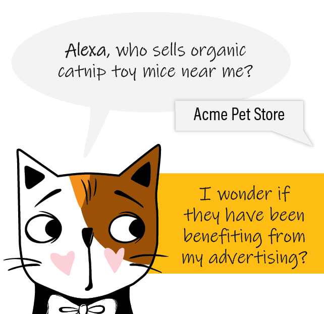 Illustration of Callie the cat asking Alexa who sales organic catnip toy mice near her. Alexa answers with the name of her competition. Callie wonders if her competition is benefiting from her ads.