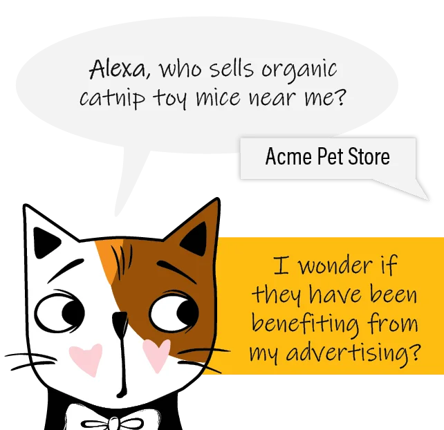 Illustration of Callie the cat asking Alexa who sales organic catnip toy mice near her. Alexa answers with the name of her competition. Callie wonders if her competition is benefiting from her ads.