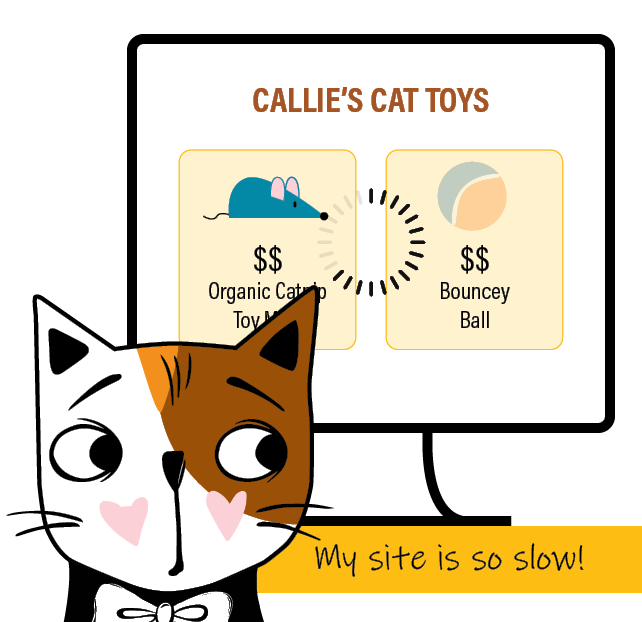 good website design needed - illustration of calico cat thinking about how slow her website loads