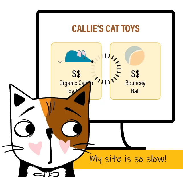 good website design needed - illustration of calico cat thinking about how slow her website loads