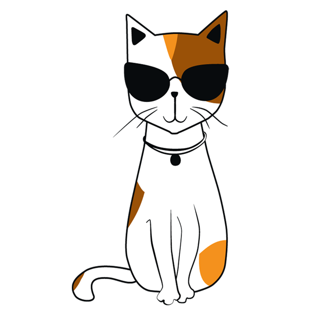 Illustrated Calico cat with sunglasses that is the "cool cat" of digital marketing.